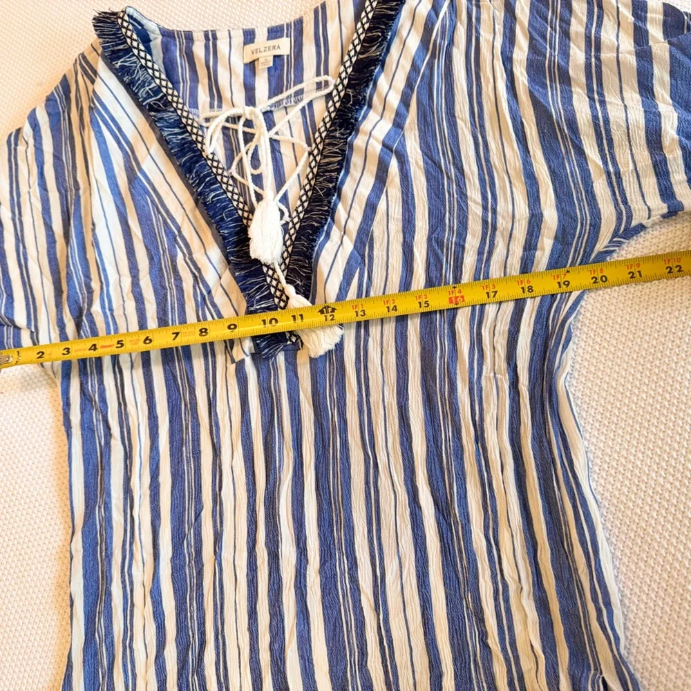 VELZERA Boho Blue & White Striped Mini Dress w Fringe Trim or Swim Coverup